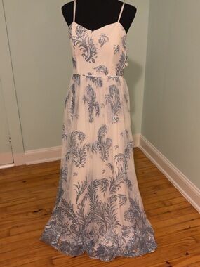 Spaghetti Strap Illusion Lace Prom Dress in Ivory with Silver Sequin Embroidery